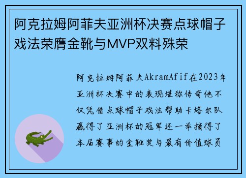 阿克拉姆阿菲夫亚洲杯决赛点球帽子戏法荣膺金靴与MVP双料殊荣